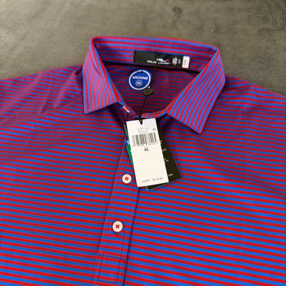 RLX‎ Ralph Lauren Golf Polo Shirt Red Blue Striped Wicking Mens Extra Large NWT